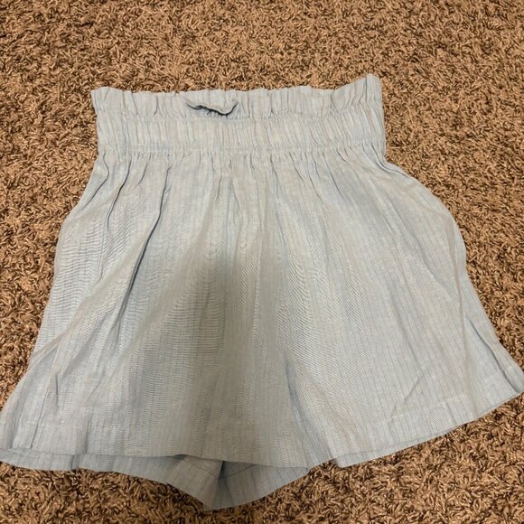 RIVIR Shorts Small Blue Tan Stripes Paper Bag Waist Linen Cotton Blend Elastic - Picture 1 of 3